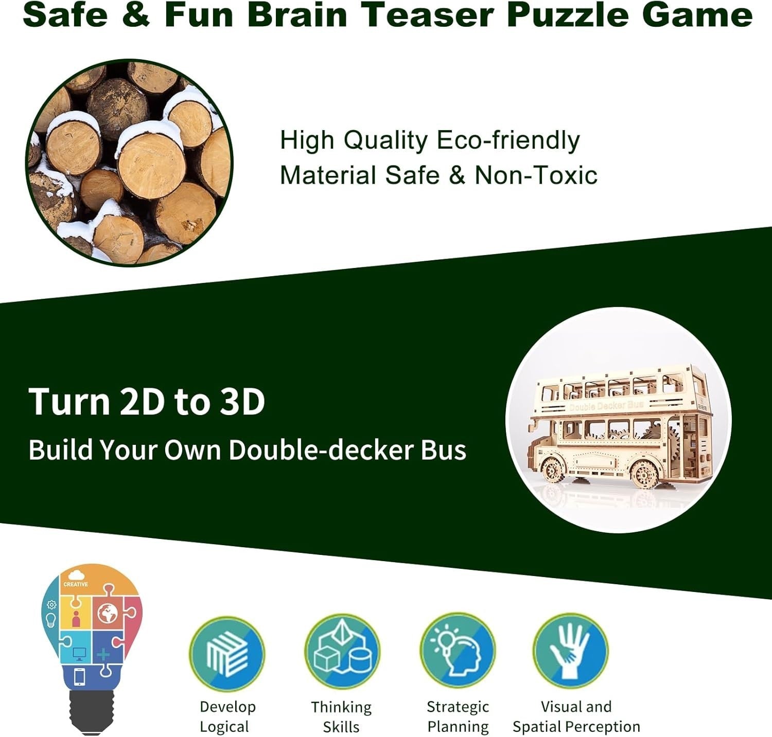 3D Wooden Double Decker Bus Puzzle Model Kit – 349 PCS DIY Mechanical Toy