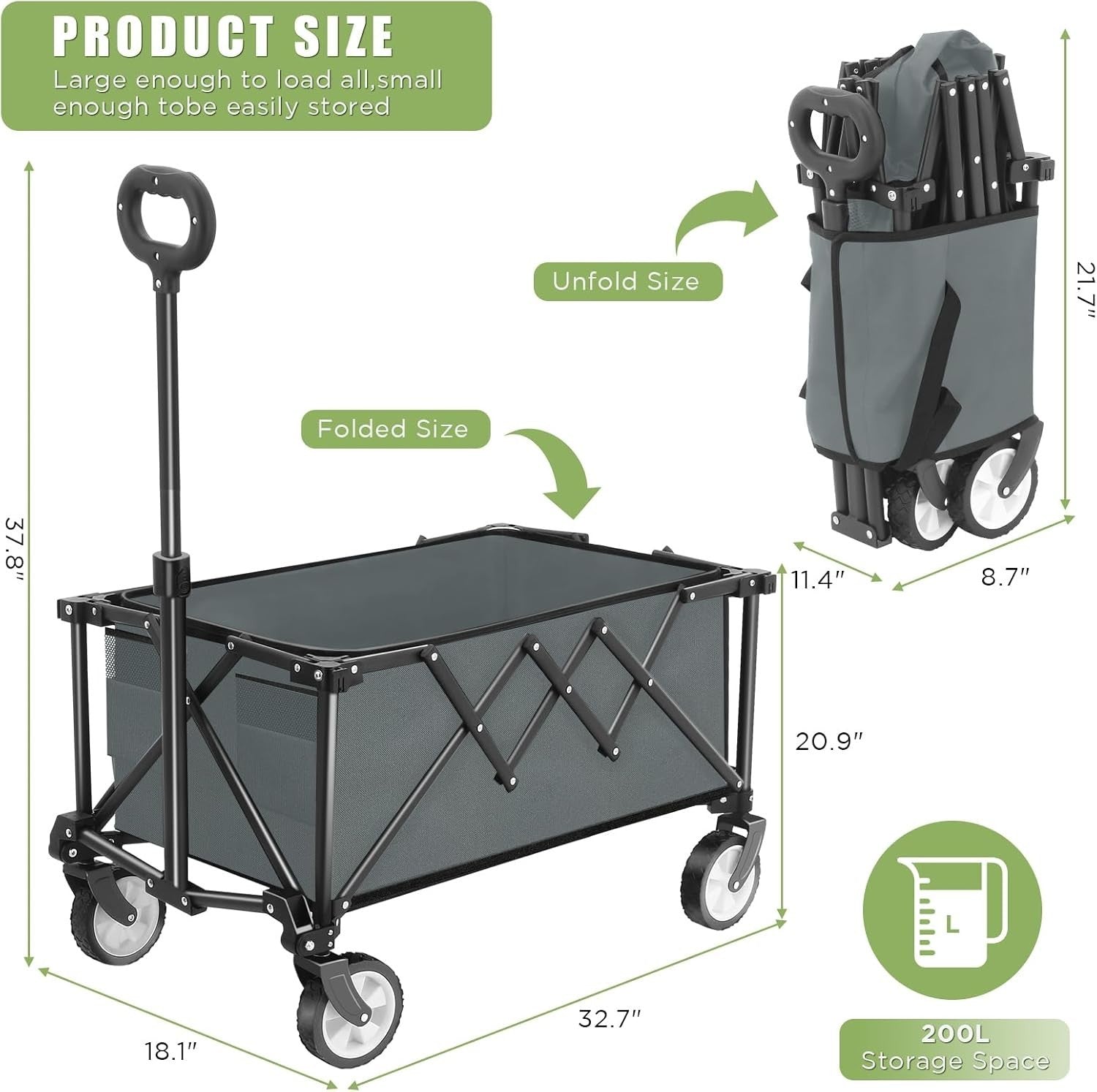 Grey Heavy Duty Folding Wagon 100L All-Terrain Garden Camping Beach Trolley