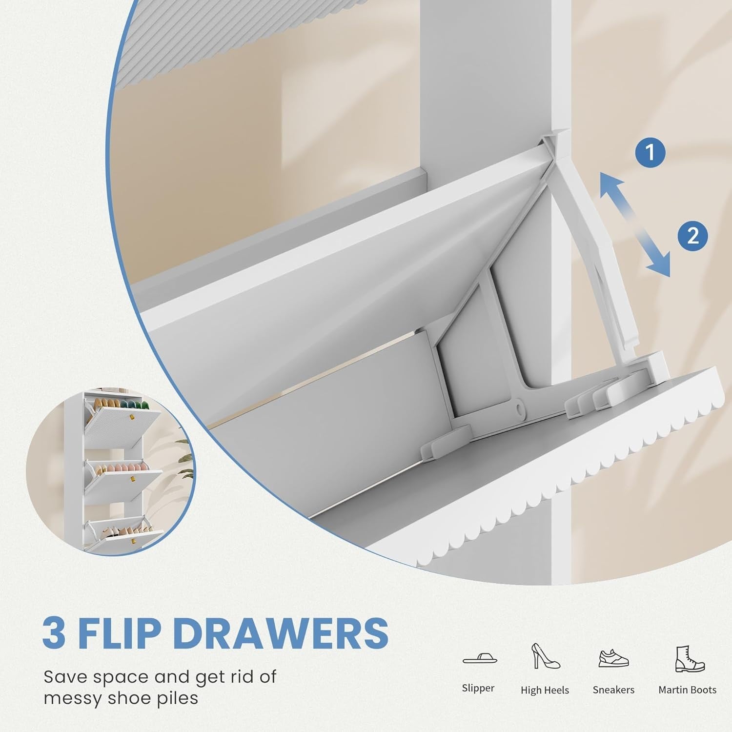 Slim White Shoe Cabinet with 3 Flip Drawers & Anti-Tip, Space-Saving Storage