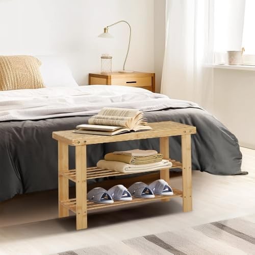 Natural Wooden Shoe Rack Bench 3 Tier Storage Shelf with Seat 58x27x45cm
