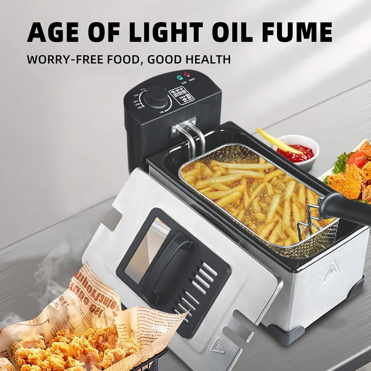 3L Deep Fat Fryer Stainless Steel 2200W Basket Glass Lid