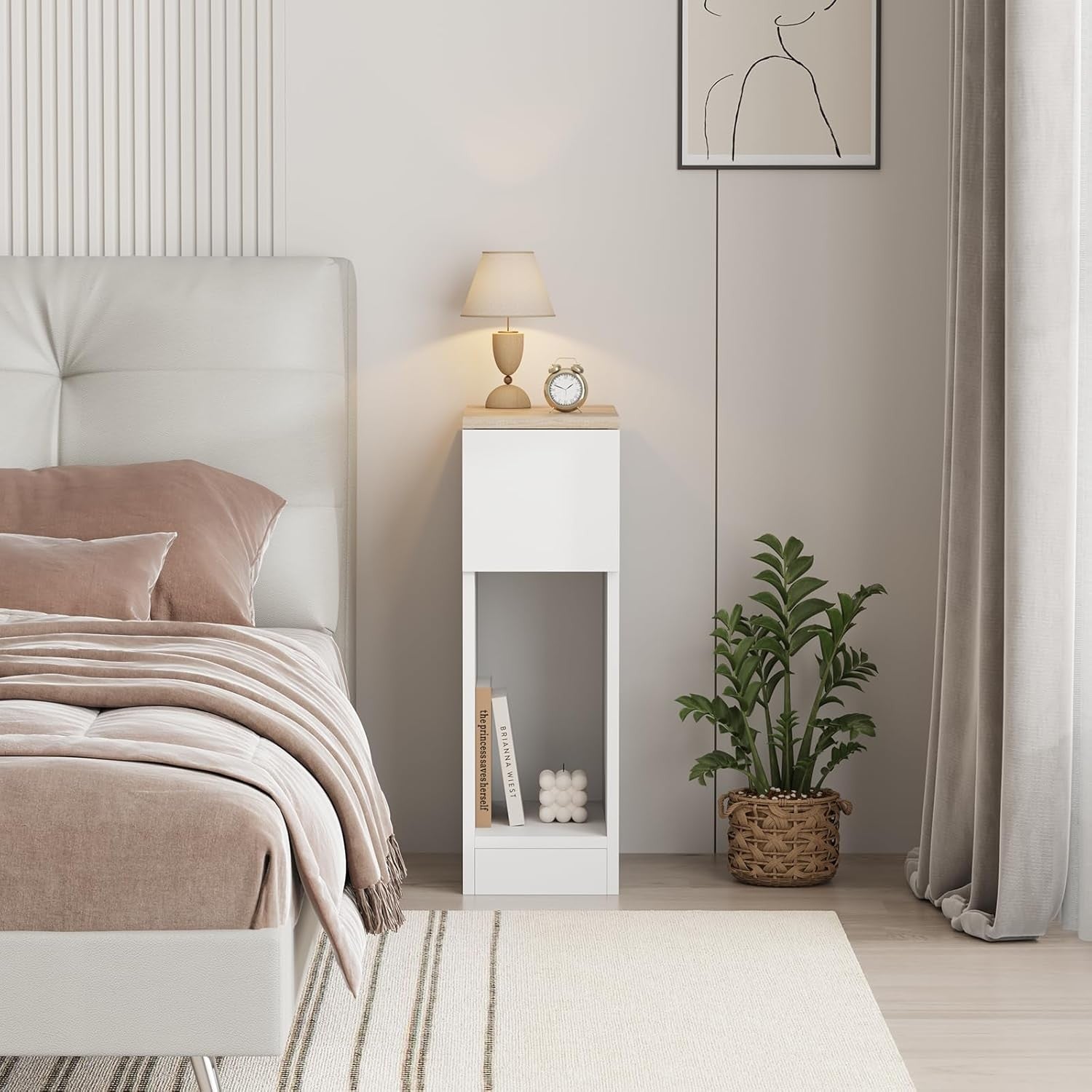 Slim White Bedside Table with Drawer & Shelf, Narrow Nightstand for Small Spaces