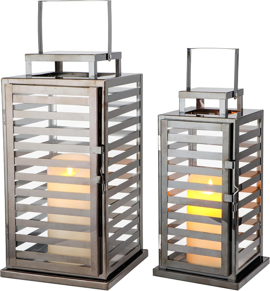 Set of 2 Black Stainless Steel Candle Lanterns 38 cm