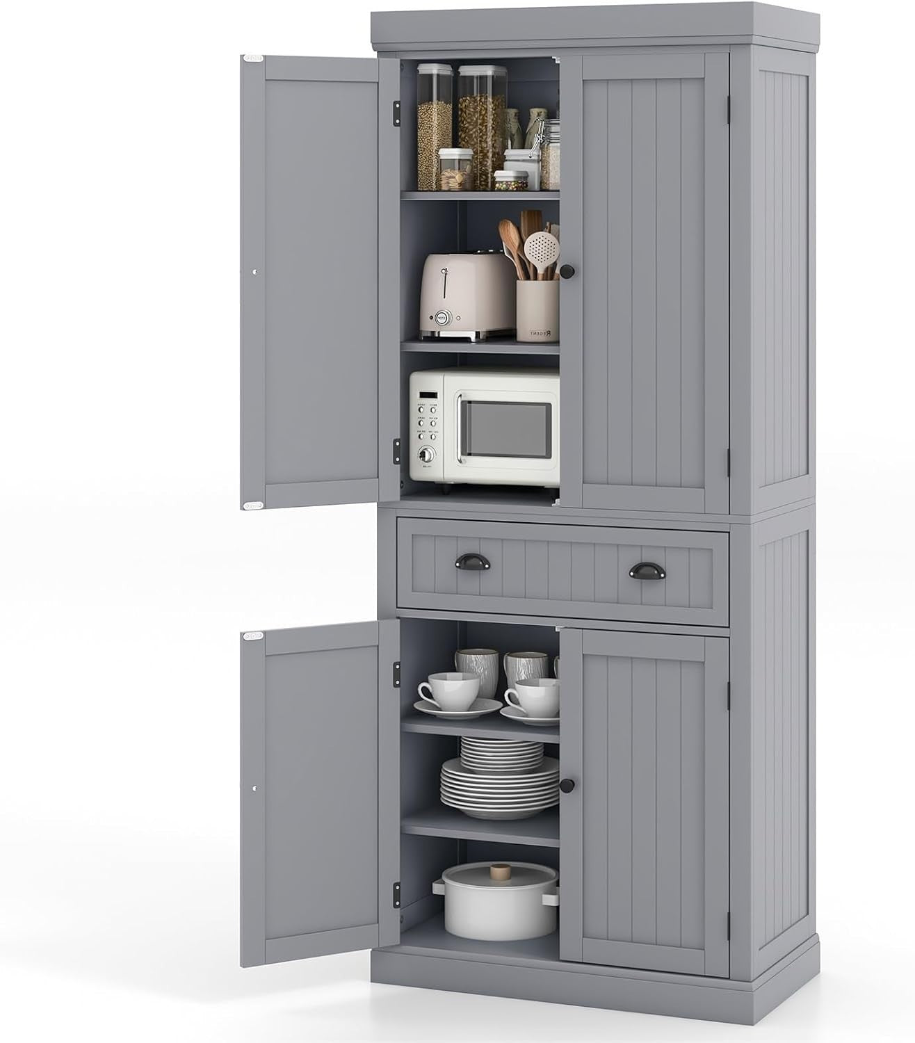 182cm Grey Kitchen Pantry Cupboard | 4 Adjustable Shelves & Drawer