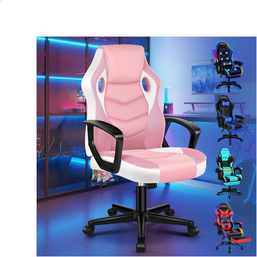 Ergonomic Gaming Chair Pink Racing Style Mesh PU Swivel