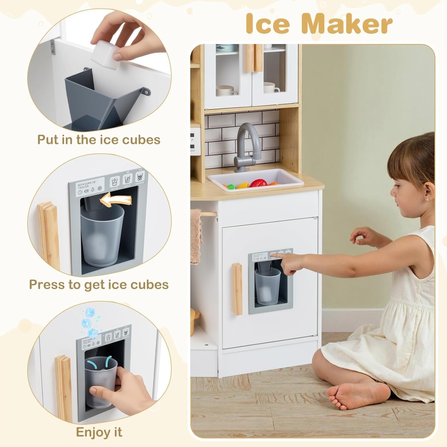 Wooden Kids Play Kitchen Lights Sounds Coffee Maker Ice Machine