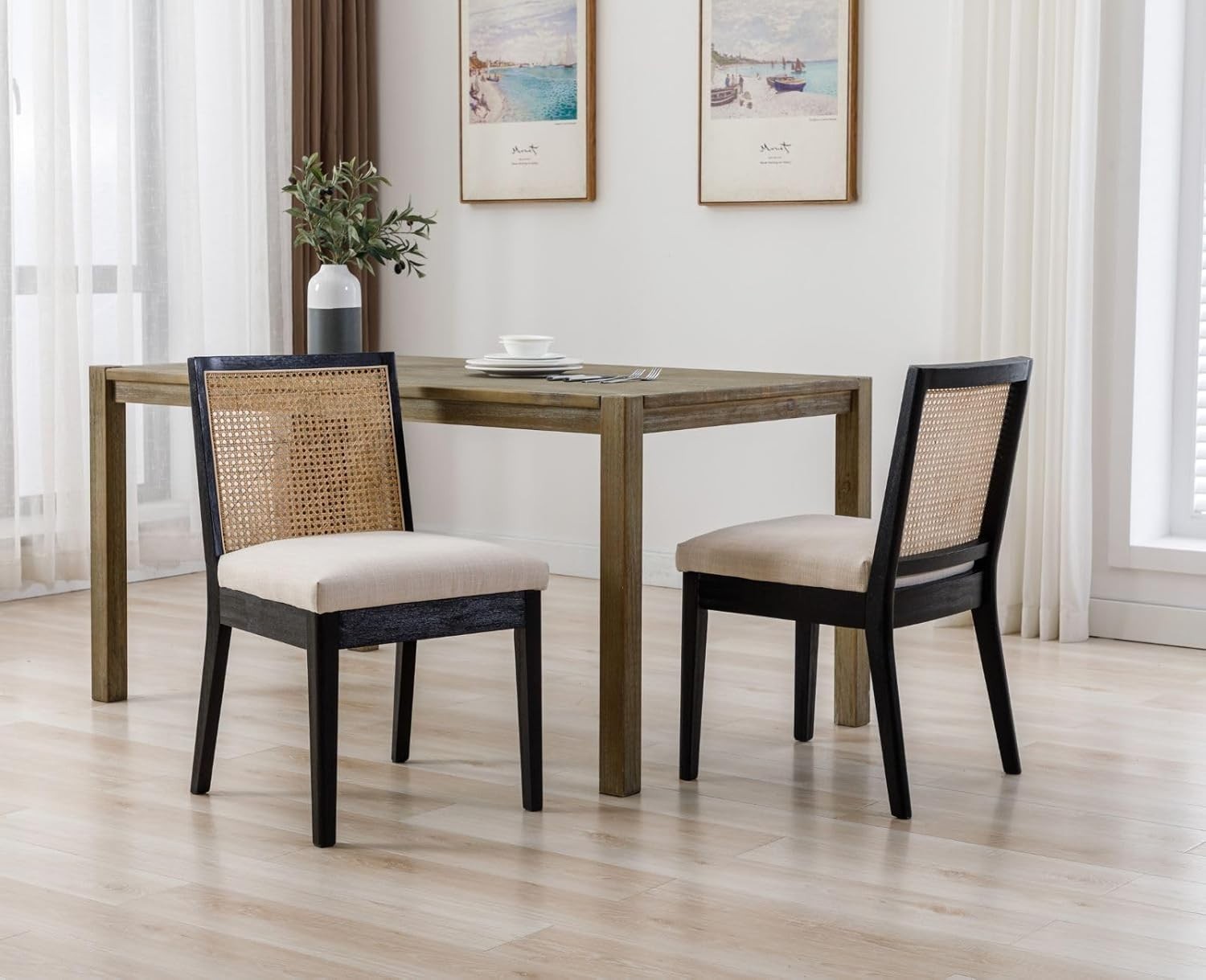 Set of 4 Black Rattan Dining Chairs Linen Seats Wooden Frame Modern