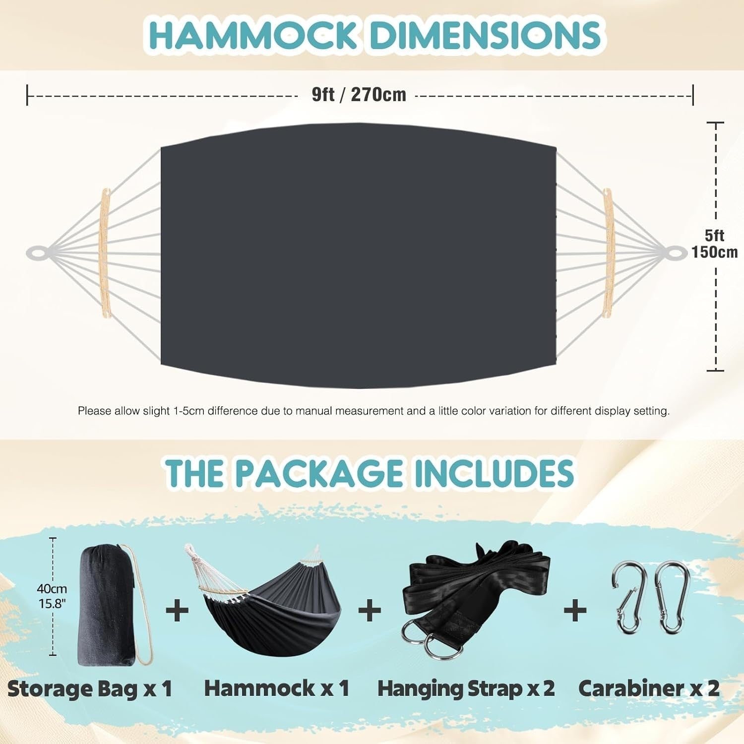 Outdoor Cotton Hammock with Spreader Bars & Tree Straps – Portable - Black