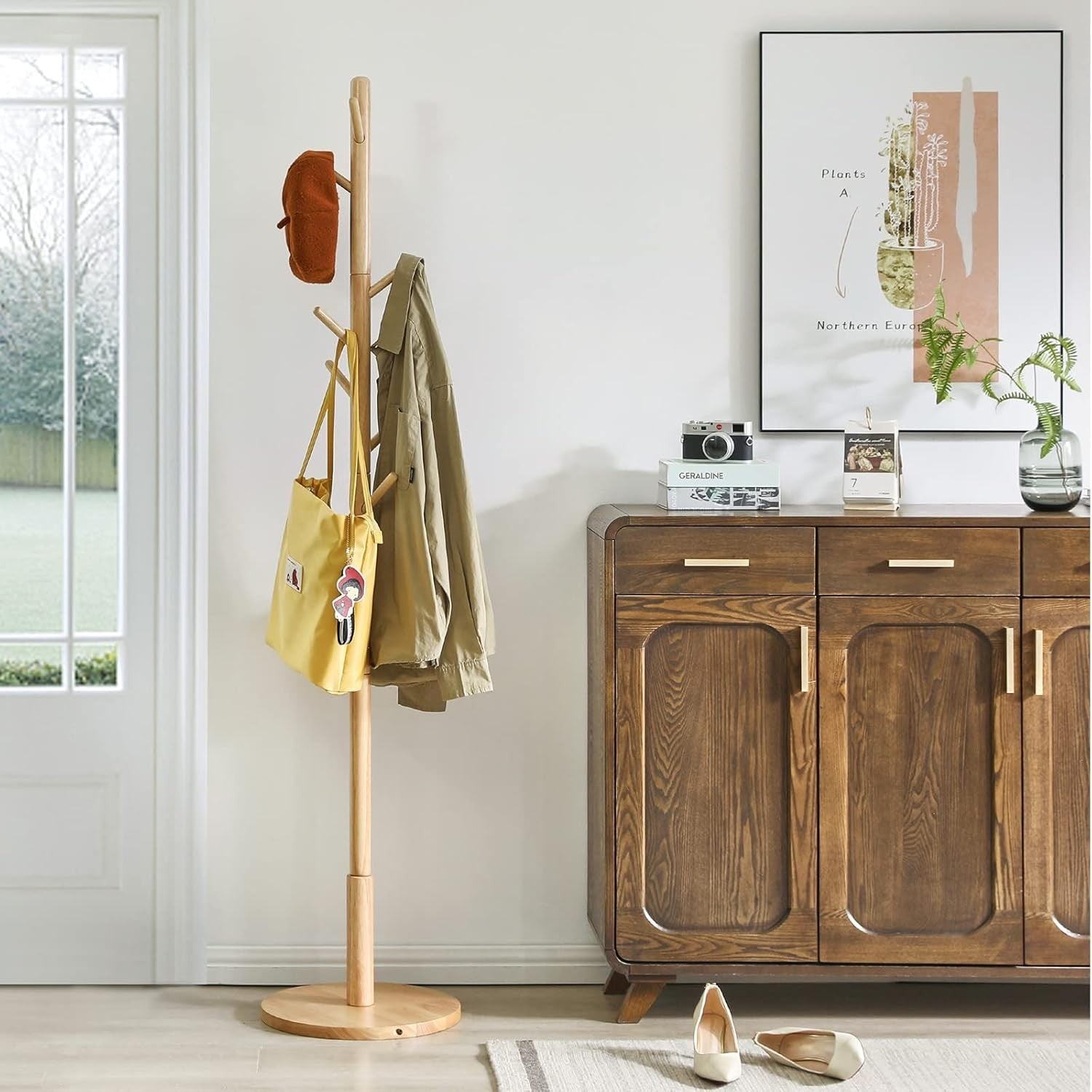 Natural Wooden Coat Rack Stand | 8 Hooks Round Base Hall Tree for Coats Hats