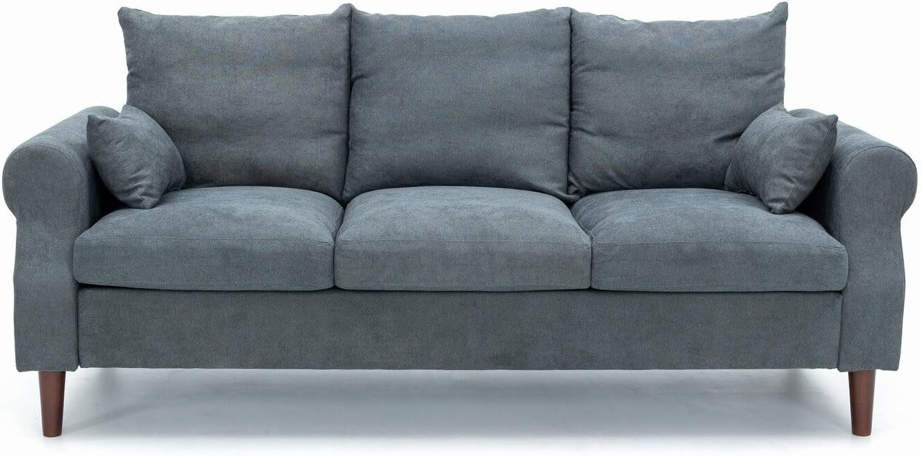 3 Seater Grey Linen Sofa Couch | Modern Fabric Settee Wood Legs