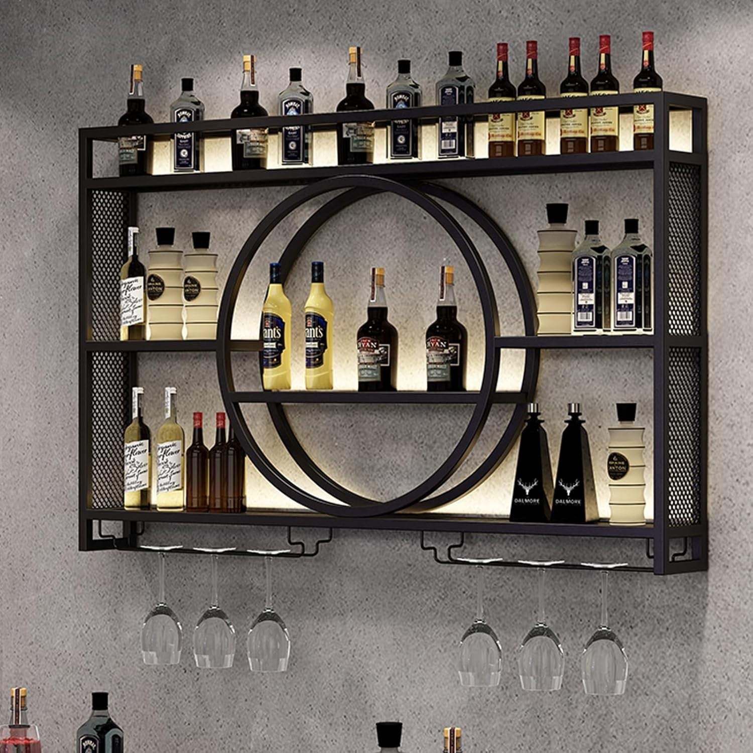 Wall Mounted Wine Rack with Glass Holder Modern Metal Bar Shelf 120cm Black