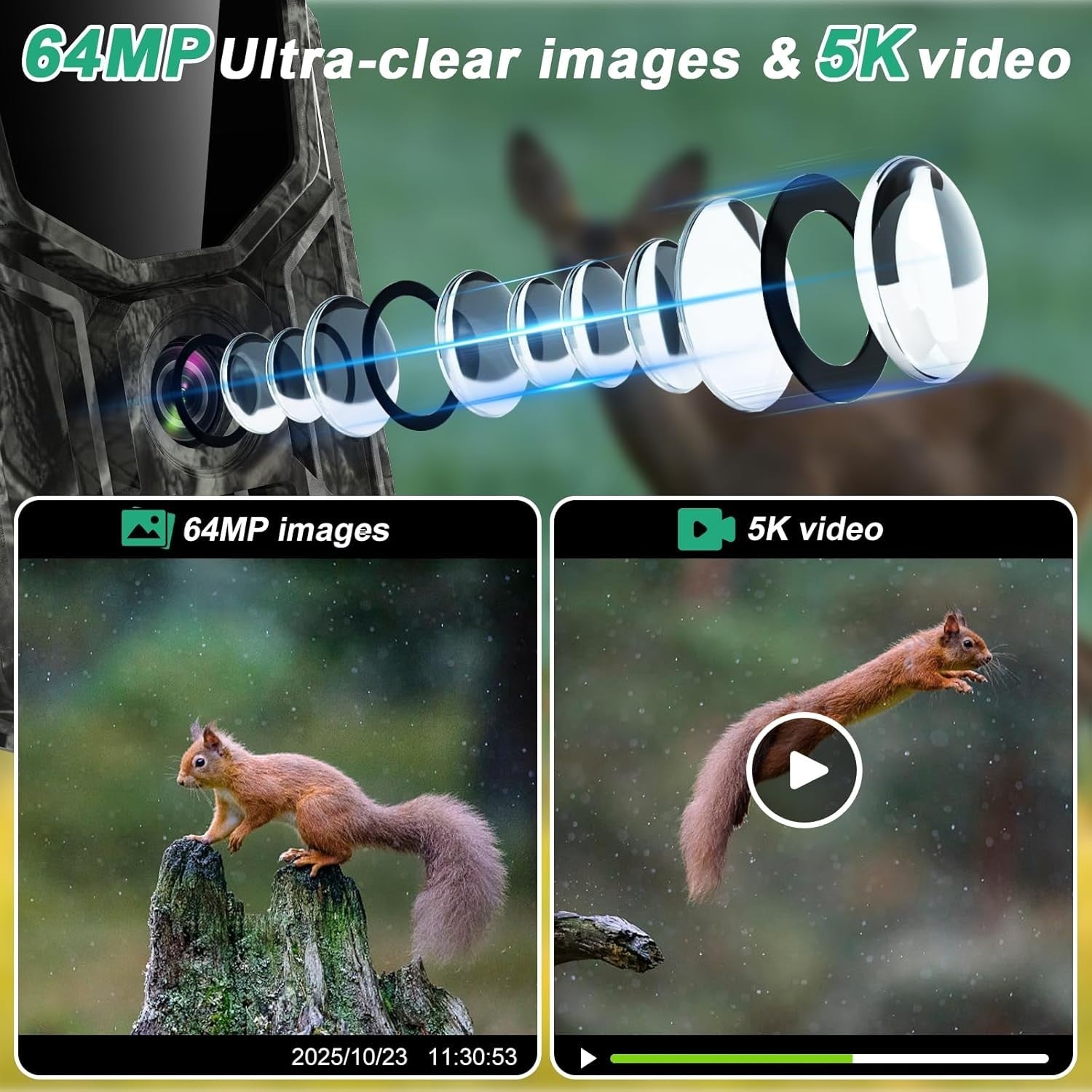 5K Wildlife Camera Night Vision Trail Cam WiFi Solar 64GB IP66