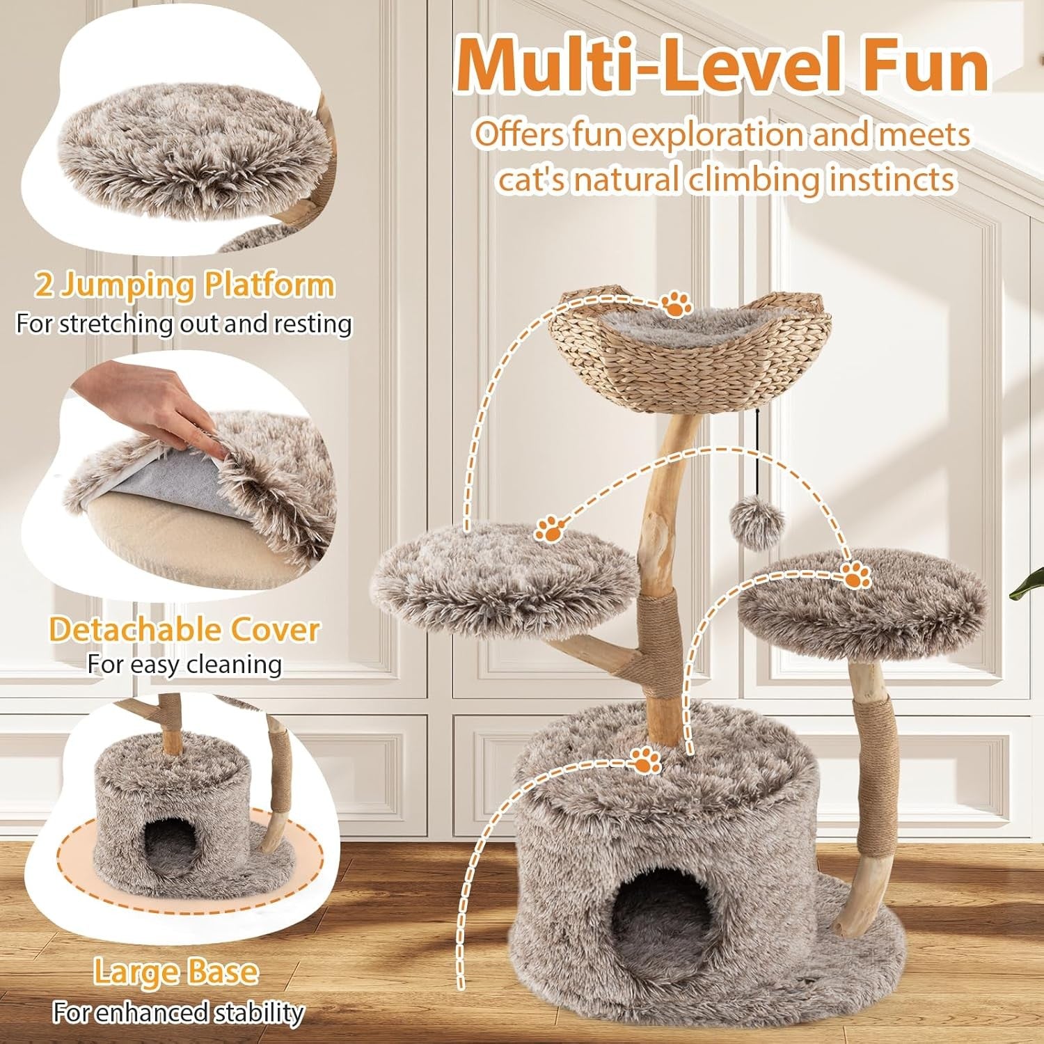 105cm Wooden Cat Tree Multi Level Tower with Basket Perch & Jute Scratching