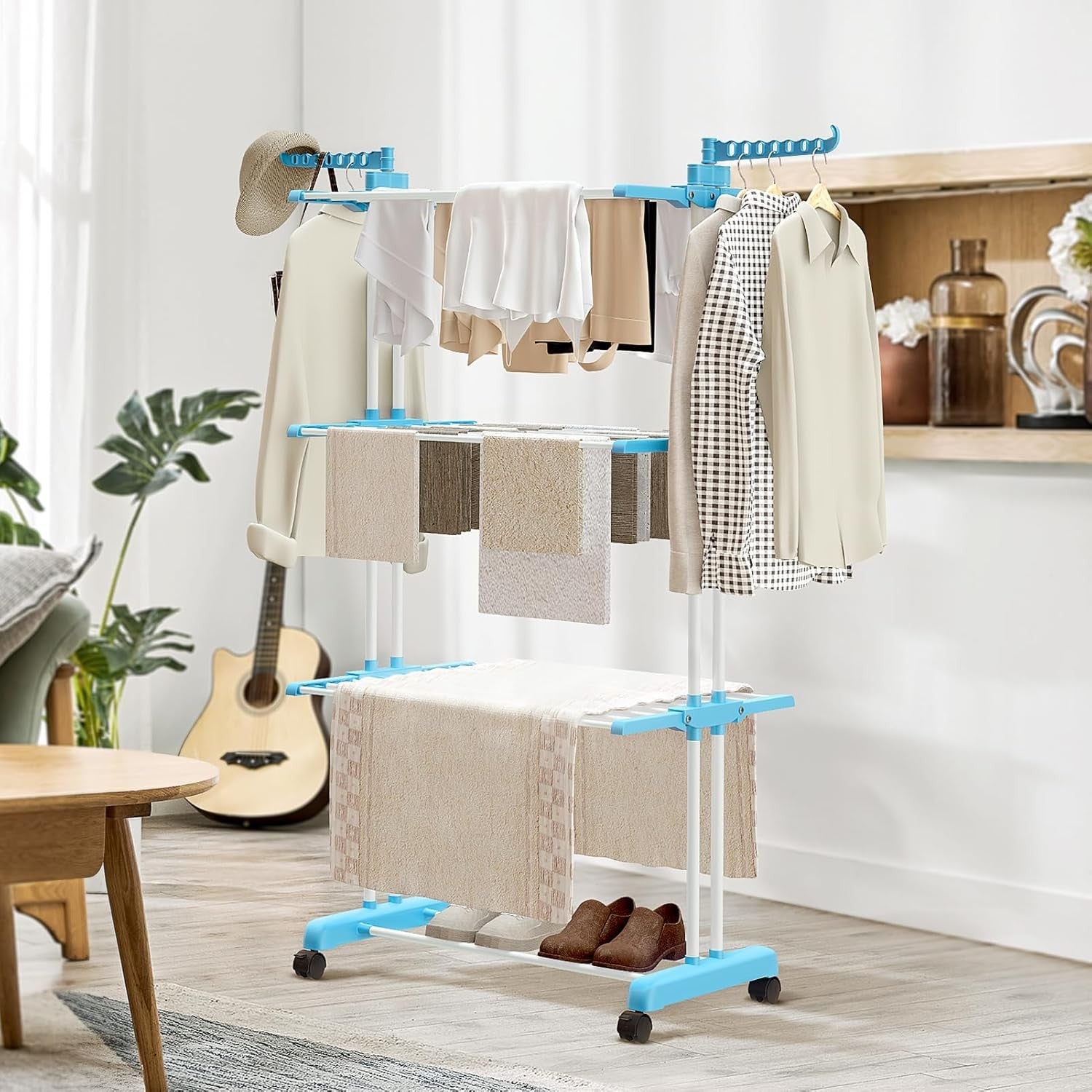 Mobile 3 Level Clothes Drying Trolley Folding Laundry Stand with Wheels