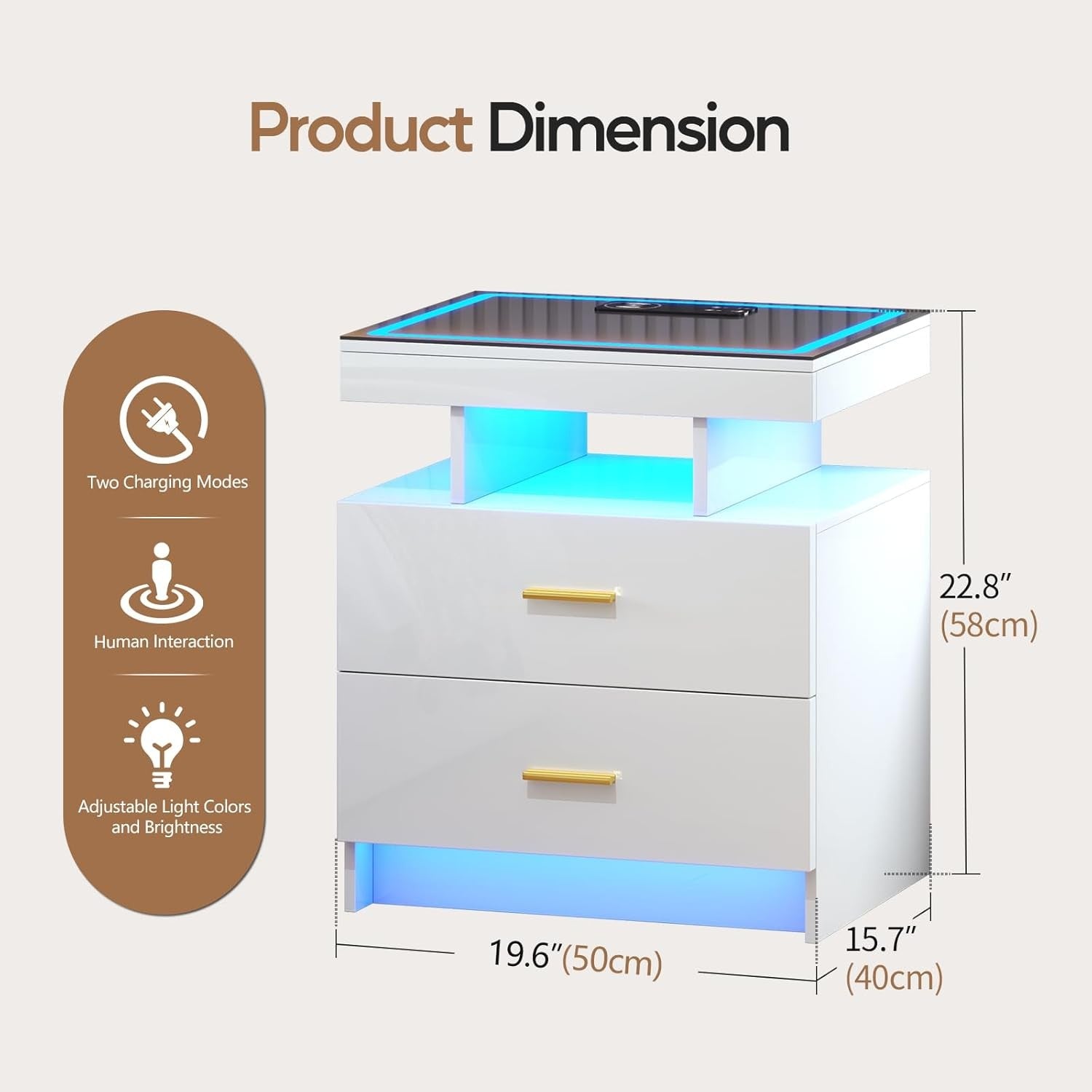 White LED Bedside Table with Wireless Charging, Glass Top & 2 Drawers Modern