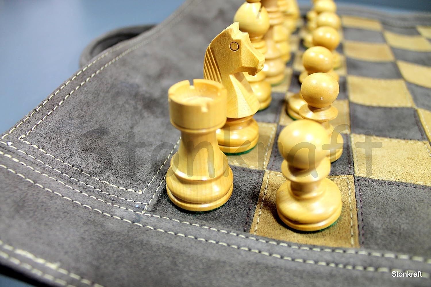 Roll-Up Leather Chess Set 19" x 15" | 12" Board | Wooden Staunton Pieces + Carry