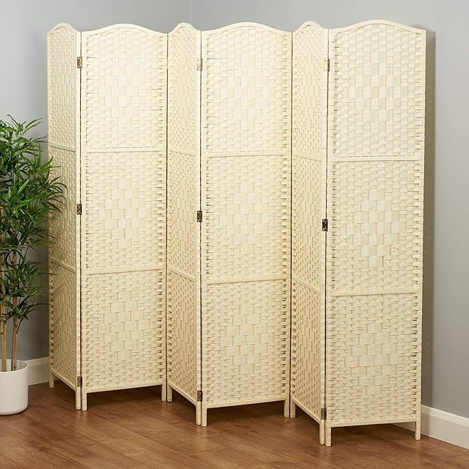Cream Wicker Folding Room Divider 6 Panel – Elegant Solid Weave Privacy Screen
