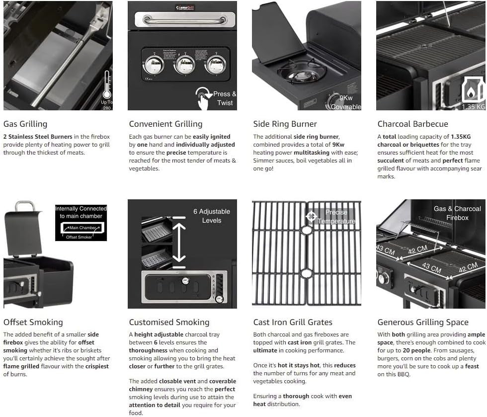 Dual Fuel Gas & Charcoal BBQ Grill 4 Burner Smoker with Cover