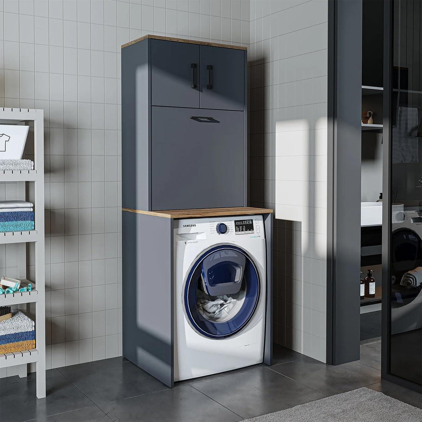 Anthracite Oak Washing Machine Cabinet with Cupboards & Laundry Basket 180cm
