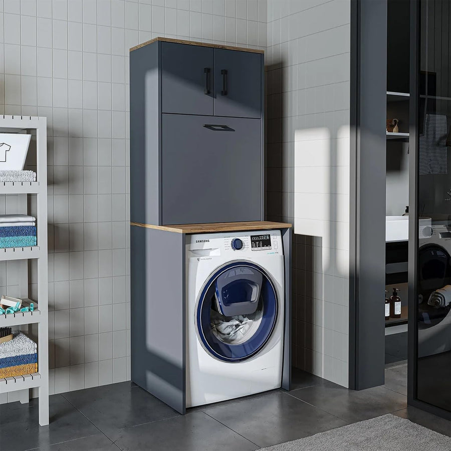Anthracite Oak Washing Machine Cabinet with Cupboards & Laundry Basket 180cm