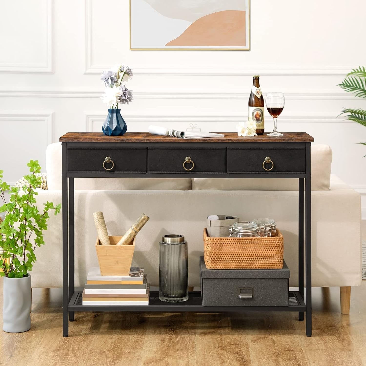 Industrial Console Table with Drawers & Shelf, Slim Metal Frame, 100cm