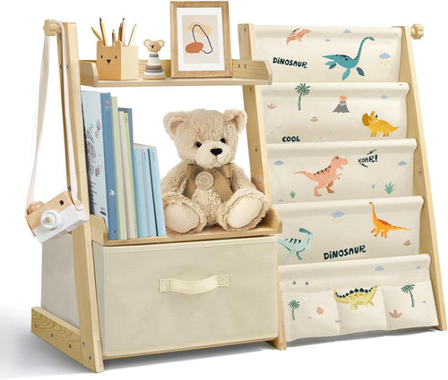Dinosaur Kids Bookcase & Toy Storage – 4-Tier Wooden Montessori Shelf Unit