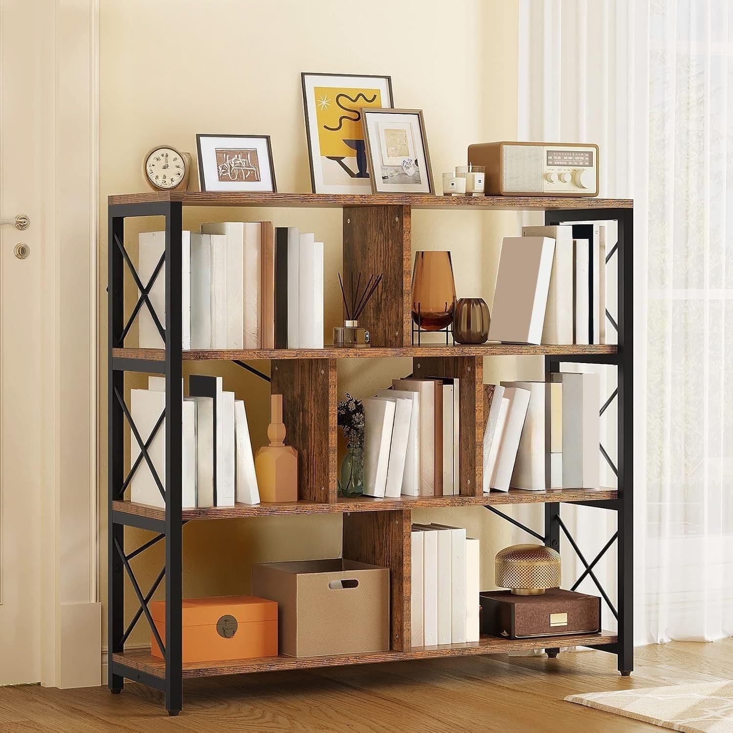 4 Tier Industrial Cube Bookcase Retro Brown Metal Frame Storage Display Shelf