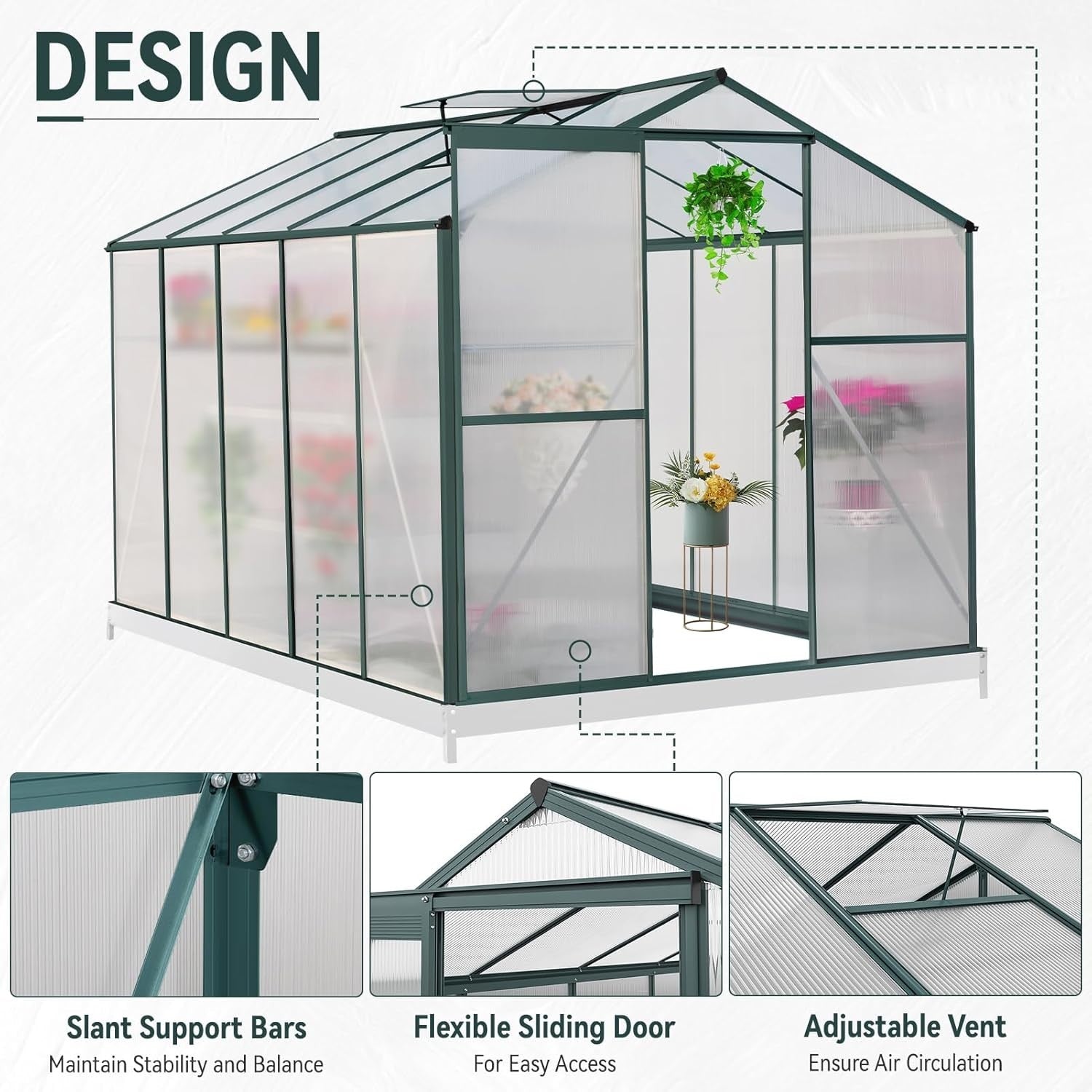 8x6FT Walk-In Polycarbonate Greenhouse with Base – Aluminium Frame, UV Resistant