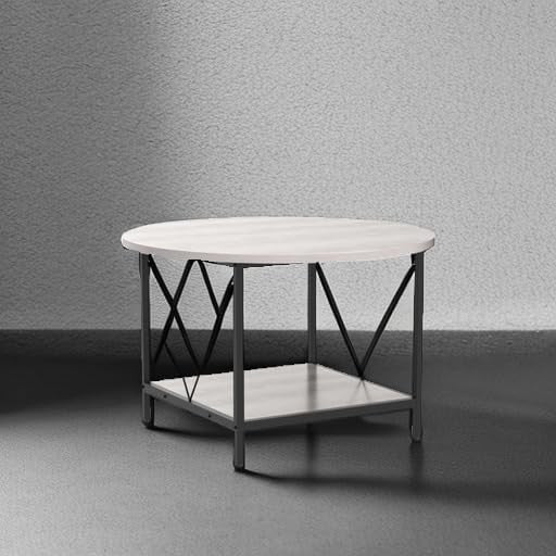 Round Coffee Table with Storage Shelf 80cm Industrial Rustic Metal Legs