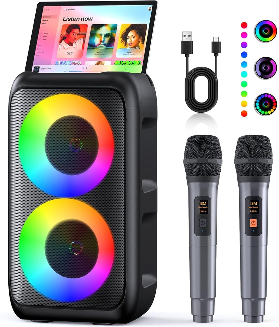 Karaoke Machine with 2 Wireless Mics Bluetooth Party Speaker LED