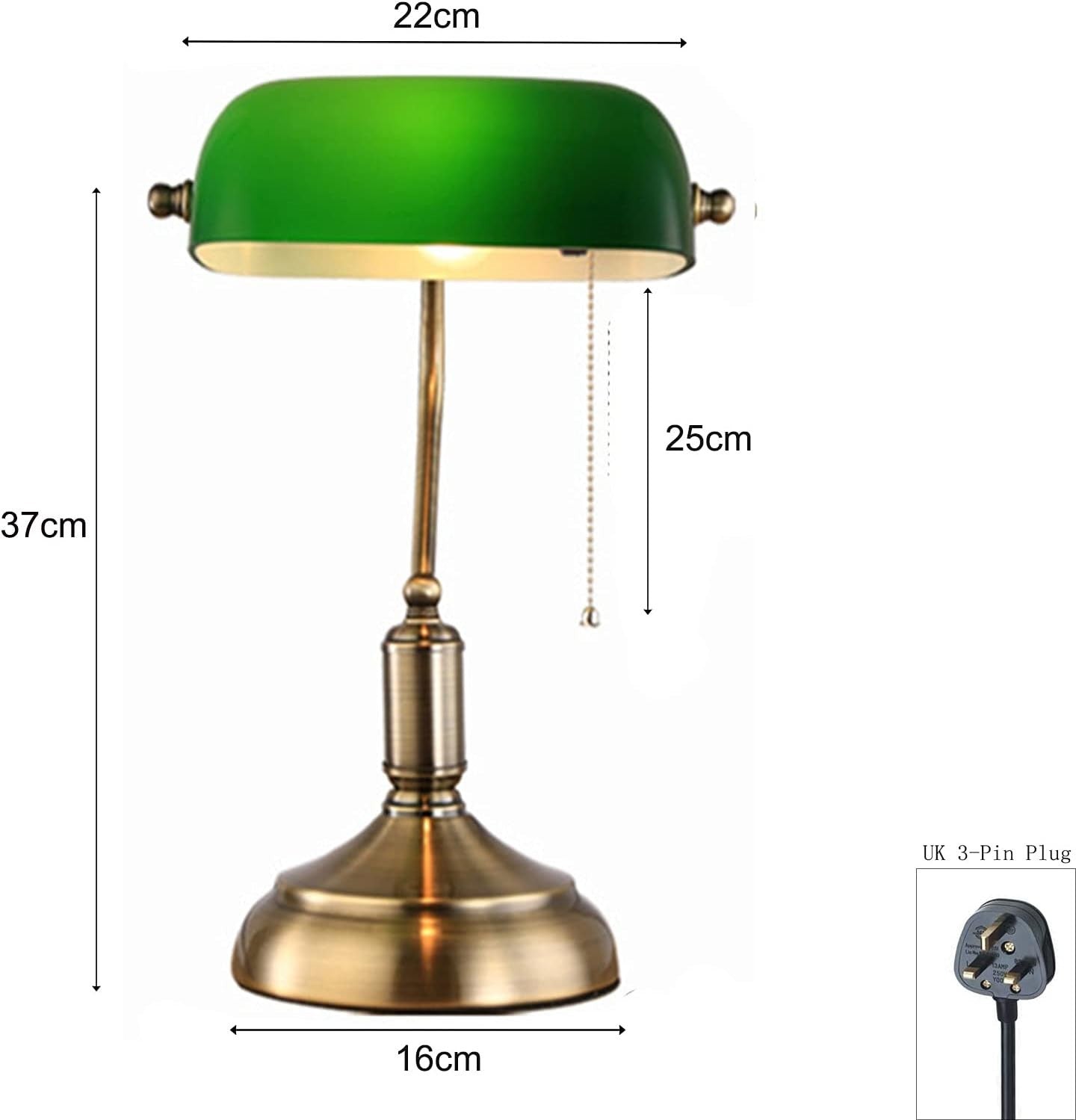 Green Glass Bankers Desk Lamp Brass Base Retro Style Adjustable Pull Chain