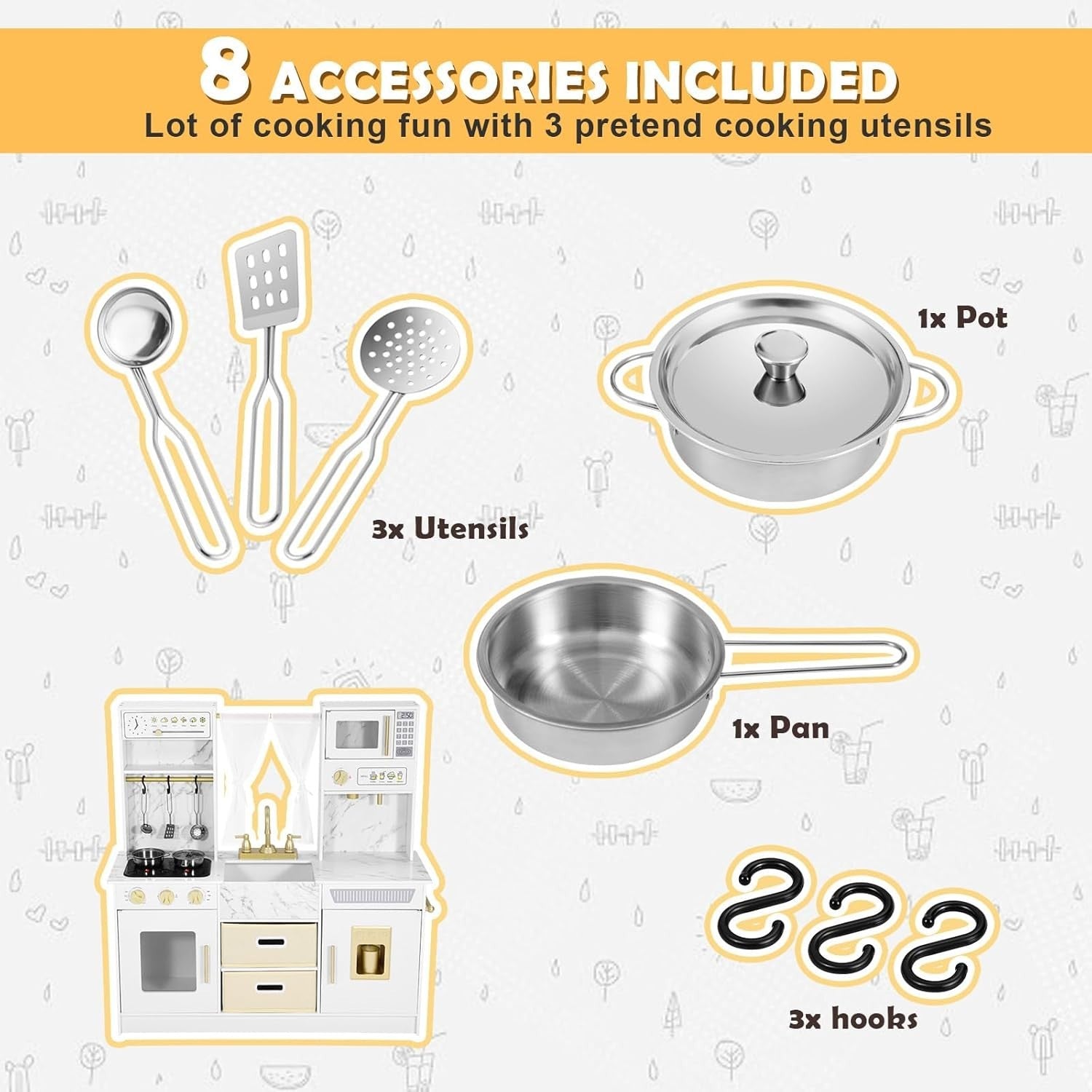 Large Wooden Kids Play Kitchen White Lights Sounds Toy Kitchen Set