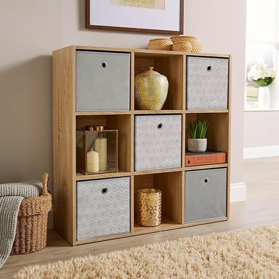 Modern 9-Cube Storage Shelf Unit Oak Effect | Freestanding Bookcase Organiser