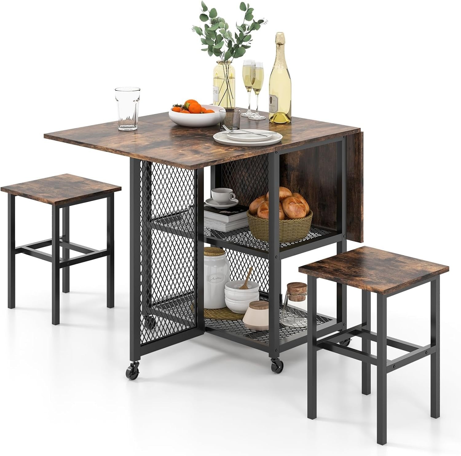 Drop Leaf Folding Dining Table Set with Stools Storage Shelves Space Saving