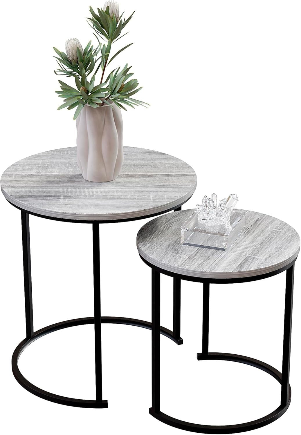 2pc Grey Metal Round Nesting Coffee Side End Tables Industrial Modern Set