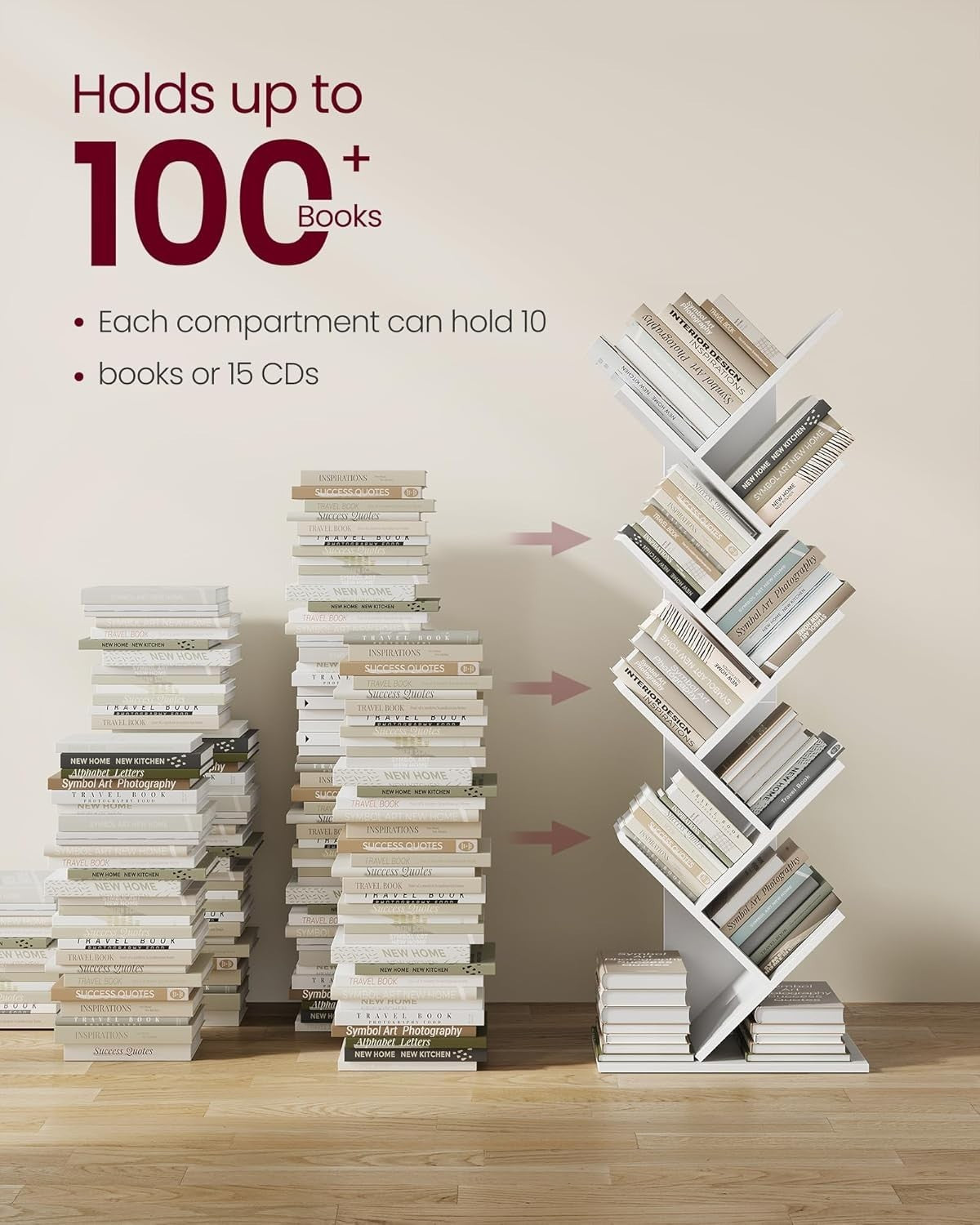 9 Tier Tree Bookshelf White Tall Modern Corner Bookcase Space Saving 141cm