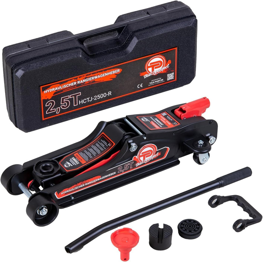 2.5 Ton Low Profile Trolley Jack 80–360mm w/ Case, SUV Adapter & Rubber Pads Red