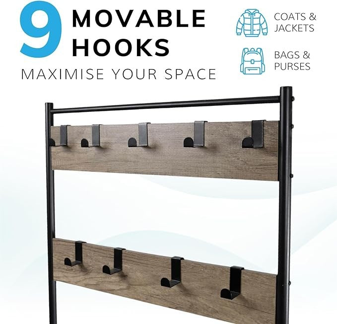 Light Brown Coat Rack with Shoe Storage | Industrial Hall Tree Stand