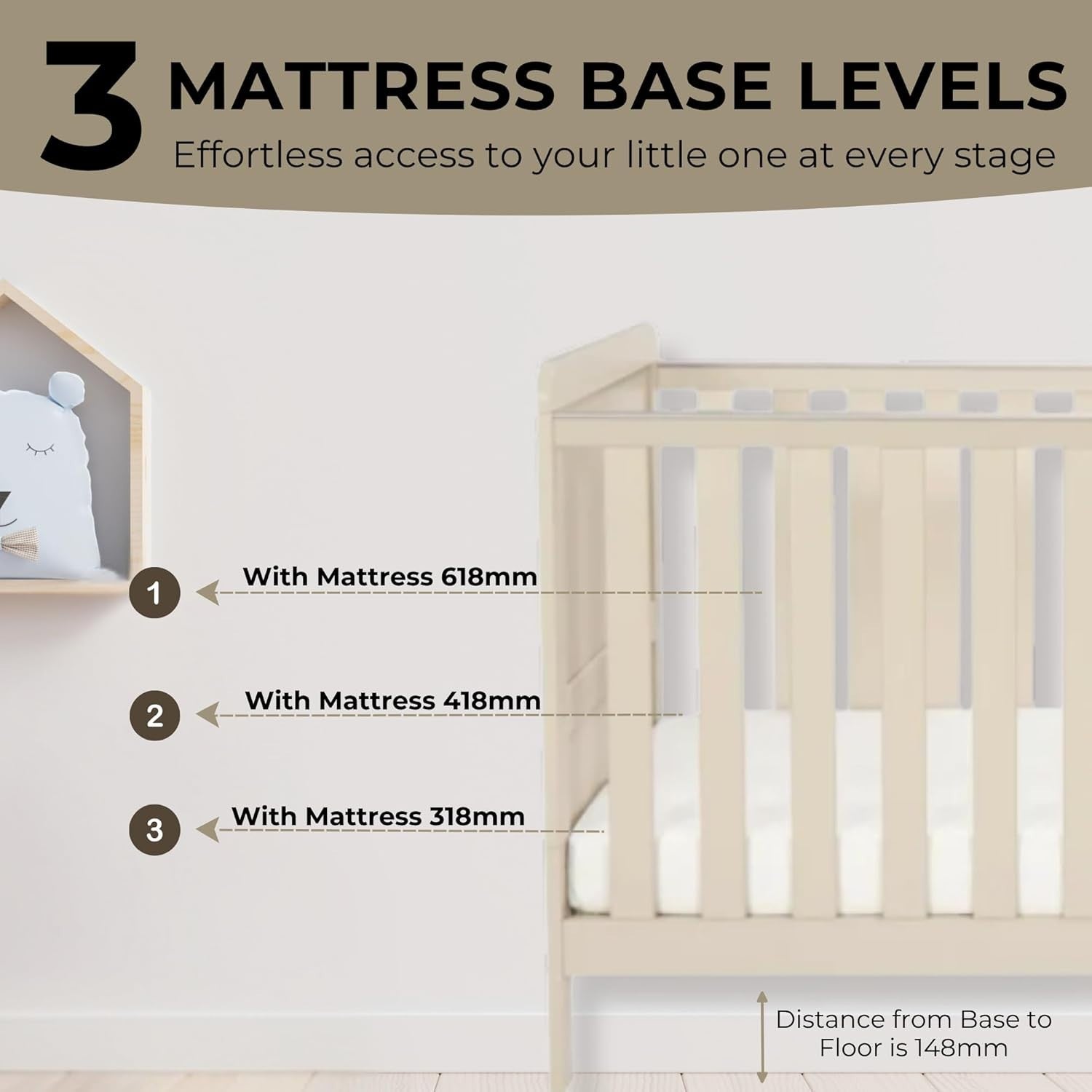 Convertible Baby Cot Bed Toddler Bed Adjustable Height Protective Teething Rails