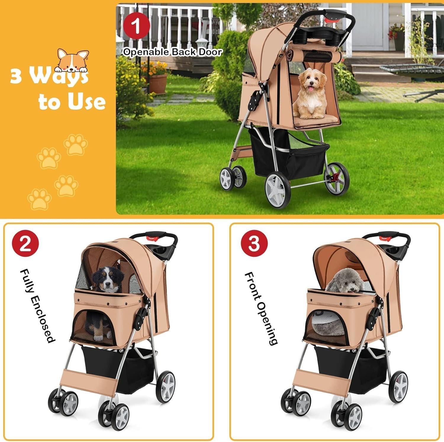 Beige Pet Stroller Foldable Dog Cat Pushchair 15kg Storage Basket