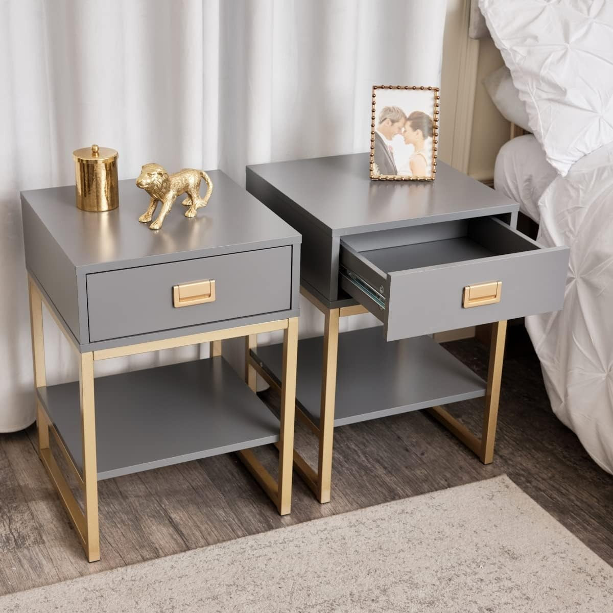 Pair of Grey Bedside Tables with Drawer & Gold Legs – Modern Slate Nightstands