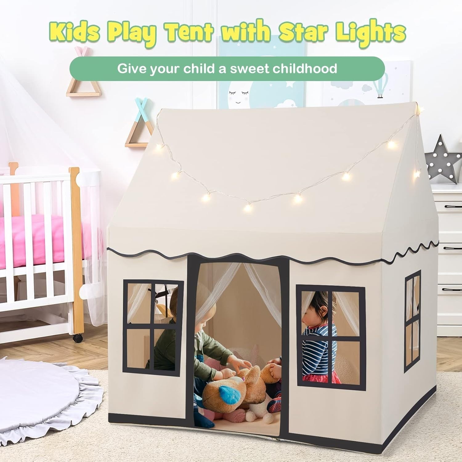 Kids Castle Play Tent Indoor Outdoor w Star Lights Mat Large Playhouse