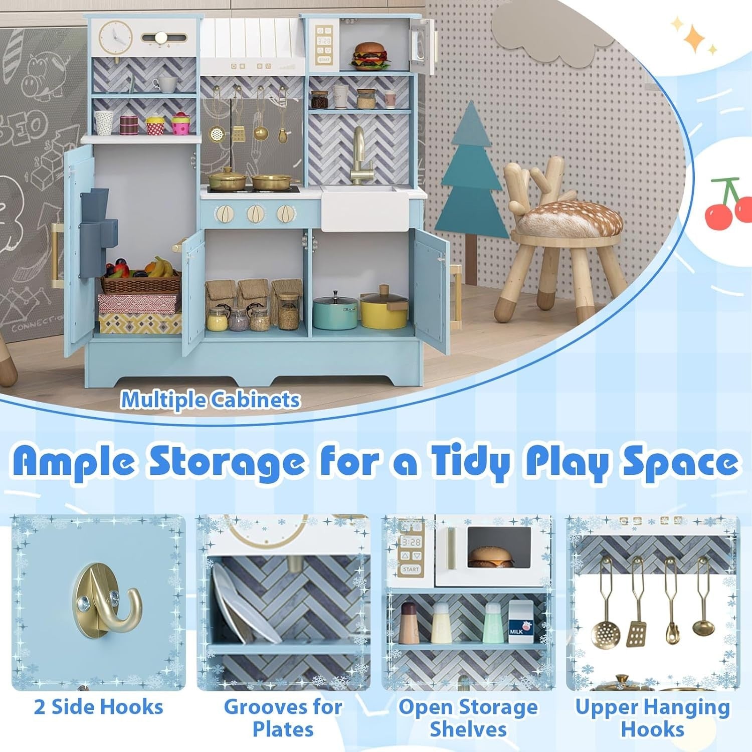 Wooden Kids Play Kitchen Blue w/ Coffee Station Ice Dispenser Set