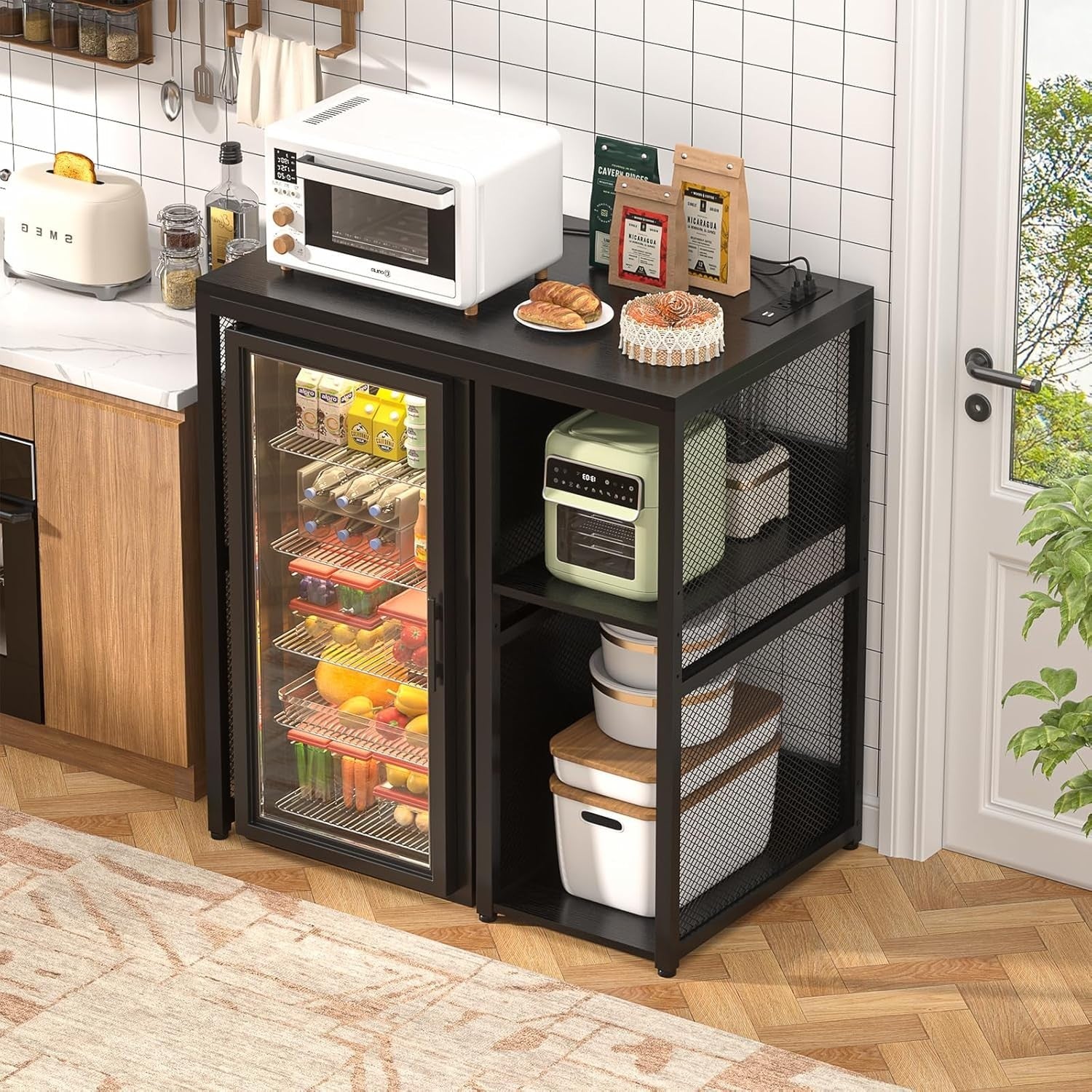 Mini Fridge Stand with Power Outlets Wine Bar Storage Cabinet Black Industrial
