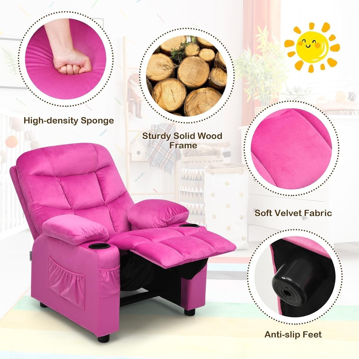 Pink  Adjustable Kids Recliner Chair with Footrest, Cup Holders & Side Pockets