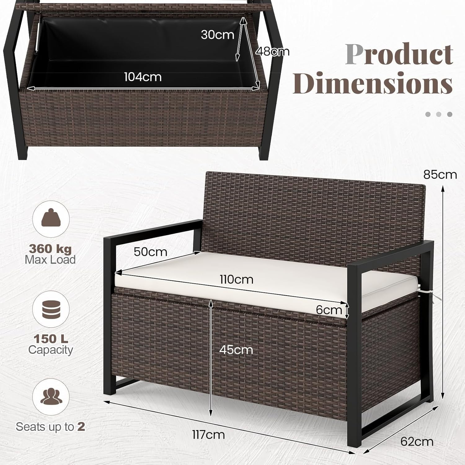 Outdoor 2-Seater PE Rattan Storage Bench with 150L Box & Padded Cushion