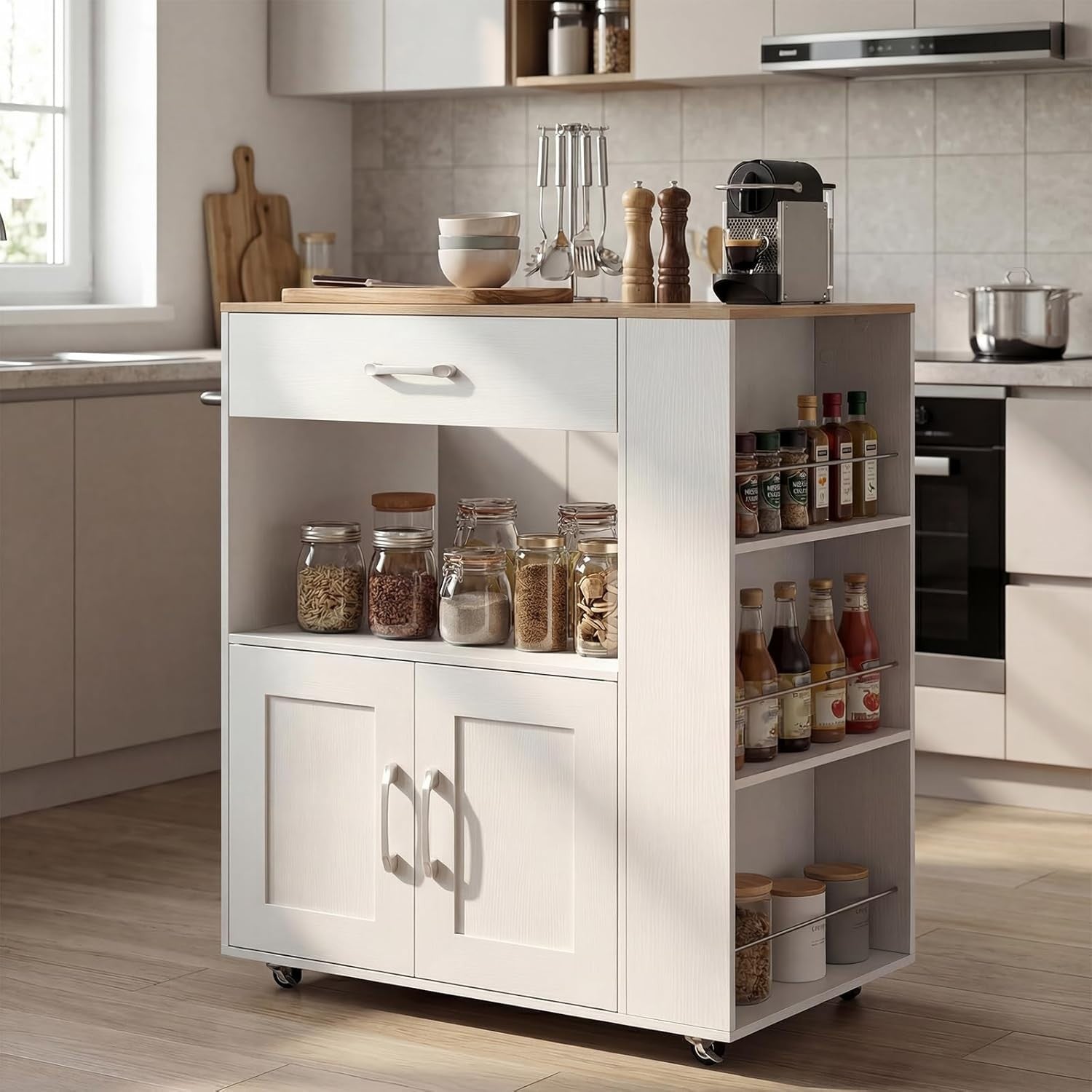 Kitchen Island Trolley White Natural with Spice Rack