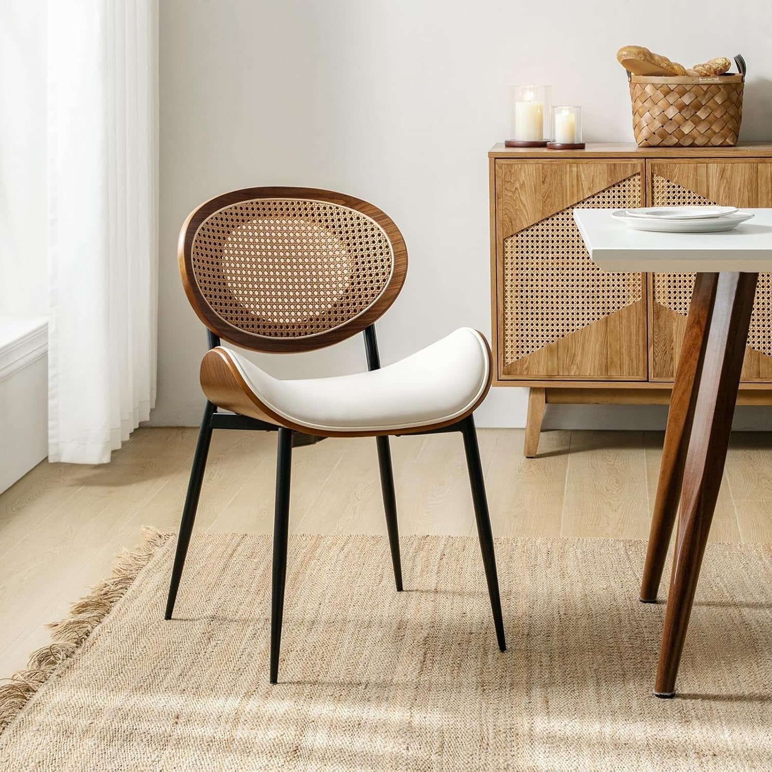 Set of 2 Rattan Back Dining Chairs Upholstered Wood Frame Kitchen Seats