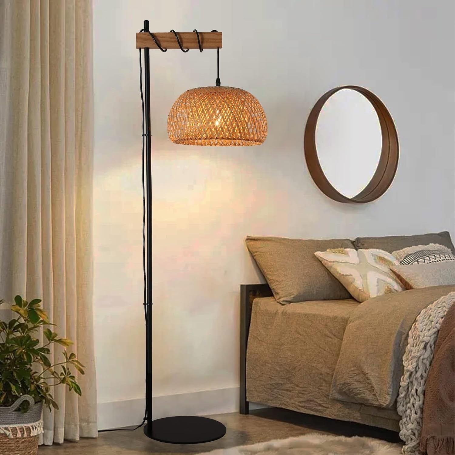 Boho Rattan Floor Lamp with Bamboo Shade & Foot Switch, 150cm Tall