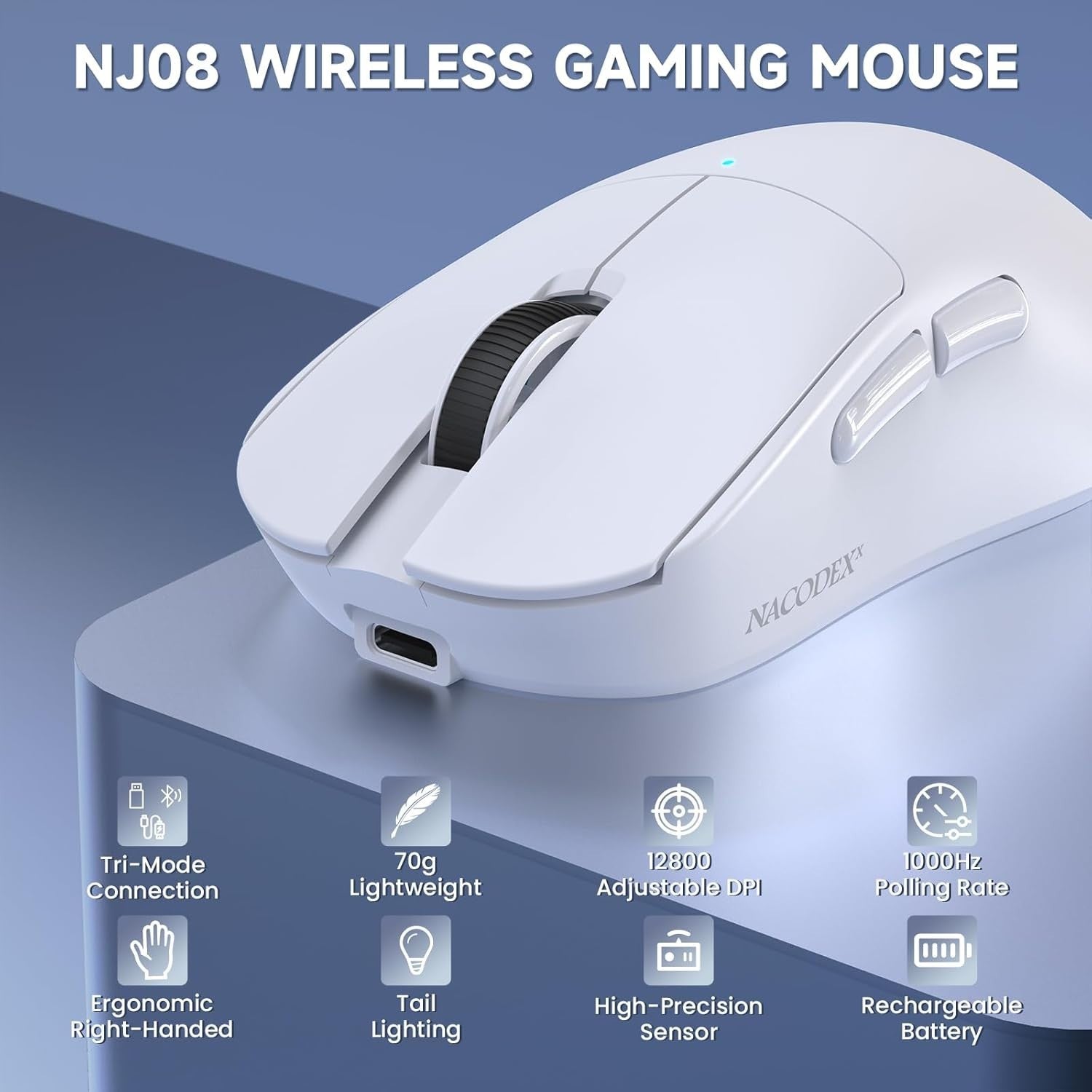 Tri-Mode Wireless Gaming Mouse 12800 DPI 1000Hz RGB White